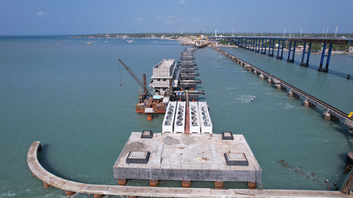GMSRailway's tweet photo. 🚆New Pamban Railway Bridge: Connecting Mainland &amp; Rameswaram Island! 

🛤️ Witness the Progress: 87% Complete! 📈

Milestones Achieved:
🏗️ Pile, Pile Cap, &amp; Sub-Structure
🏗️ Fabrication of Approach Span Girders

Work in Full Swing:
🏗️ 70 Span Grinders Launched.

#IncredibleIndia https://t.co/pW3ZpnS2WY