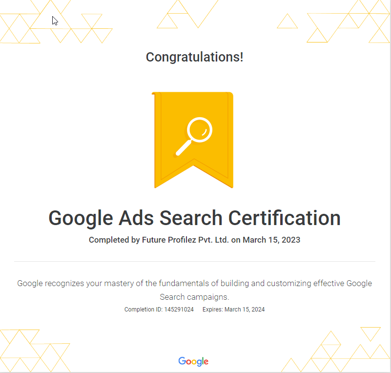 #FutureProfilez is now officially Google Ads Search Certified. bit.ly/41P4pJ1

Let's Connect : @futureprofilez
Visit: futureprofilez.com
Email: info@futureprofilez.com
Call: +919090433334

#googlecertified #googleadcertified #certified #googlesearchads #skillshop
