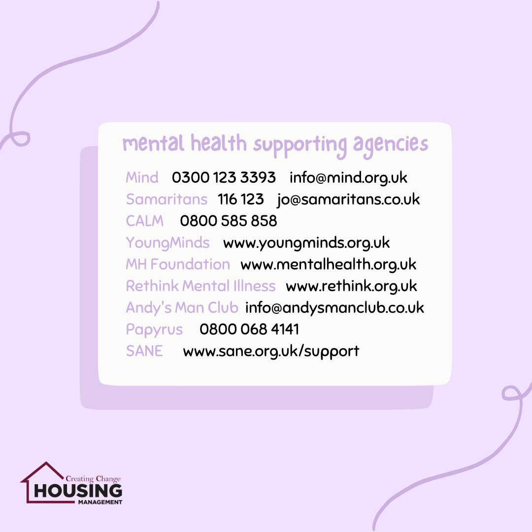 _CCHousing's tweet photo. 💜 In support of Mental Health Awareness Week, we have put together some contact information of agencies and organisations that are making waves to help end the stigma attached to mental health. It's never too late to reach out. 💜
#MentalHealthAwarenessWeek #CreatingChange https://t.co/V6ccbqYnfE