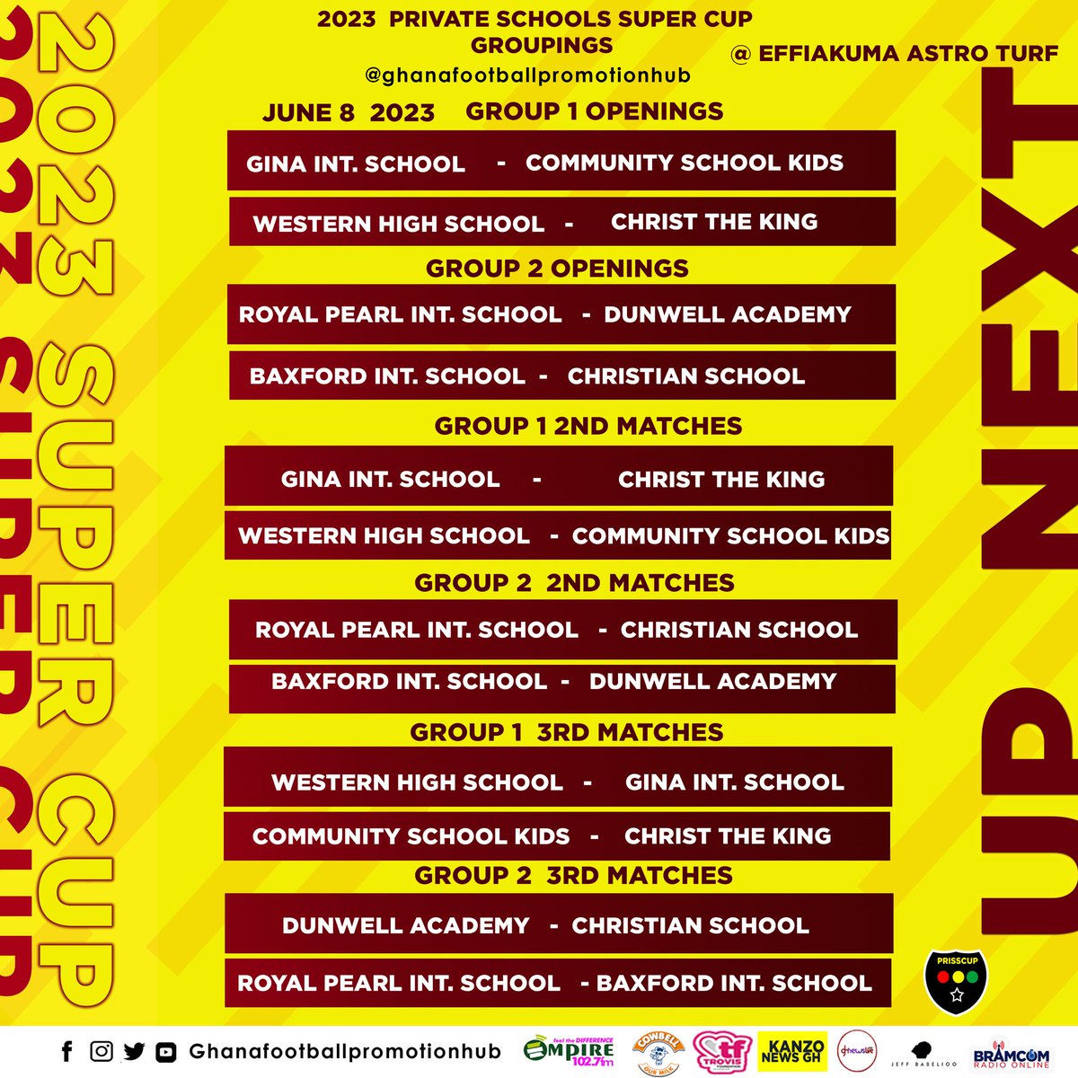 ghfootballpromo's tweet photo. All the match fixtures for the #prisscup2023 is unveiled. Get to know the matches to be played.
#prisscup2023
#ghfootball #grassrootsfootball #grassrootfootballdevelopment #gfaprojects #gfa #manunitedfc #psgacademy #ajaxamsterdam https://t.co/kJZRL9rIXM