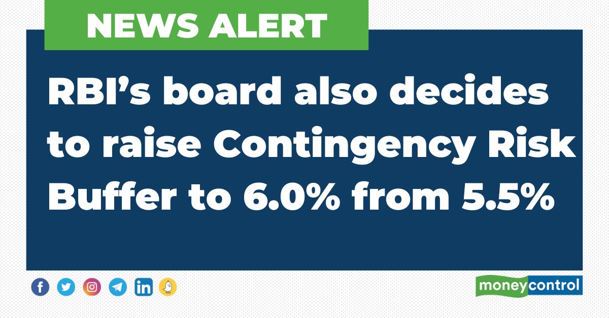 moneycontrolcom's tweet photo. #NewsAlert 🚨 RBI’s board also decides to raise Contingency Risk Buffer to 6.0% from 5.5%

#RBI #RBIBoard #ContingencyRiskBuffer @RBI https://t.co/tmCWB1ZHxl