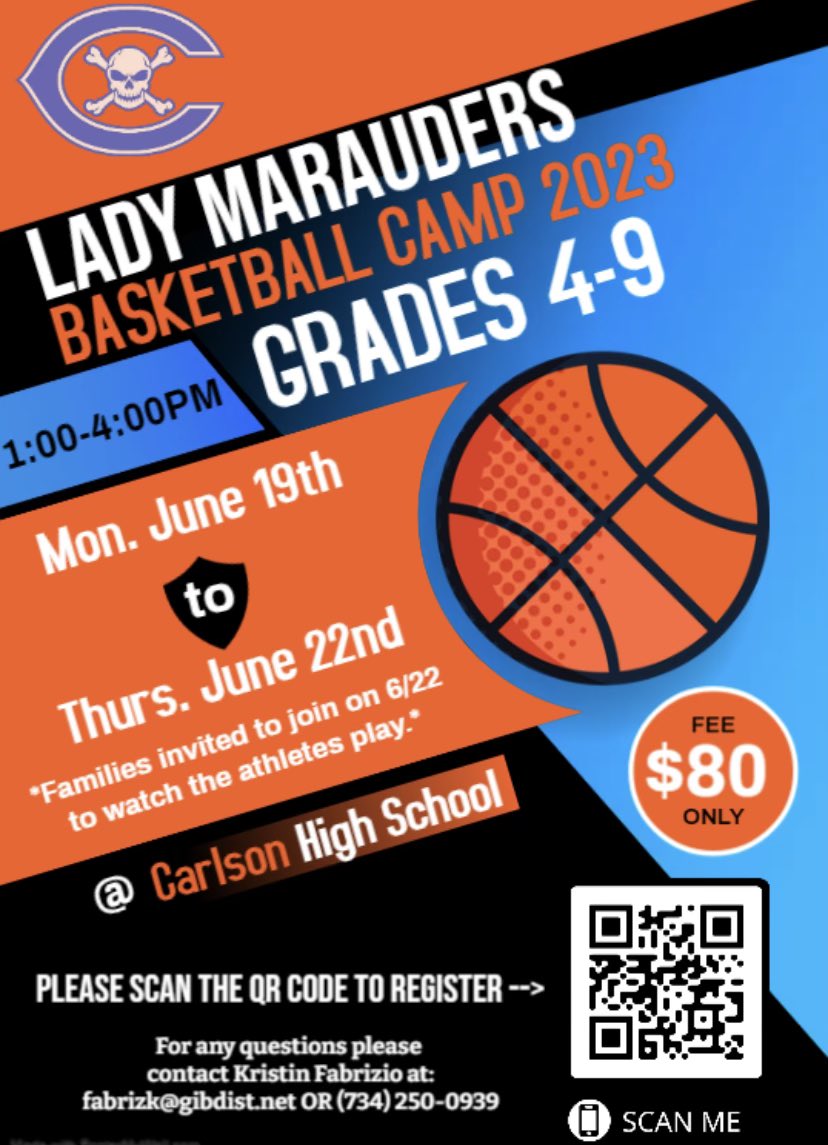 <a href="/CarlsongirlsBB/">Carlson Girls Basketball</a> 🏀 
⛹🏼‍♀️⛹🏽‍♀️Girls Youth Camp 
🎓 Grades 4-9 
📆 June 19th - 22nd (4 Days)
🕰️ 1:00 pm - 4:00 pm 
📍Carlson High School 🏫 

Register Here: tinyurl.com/3m7zxxym