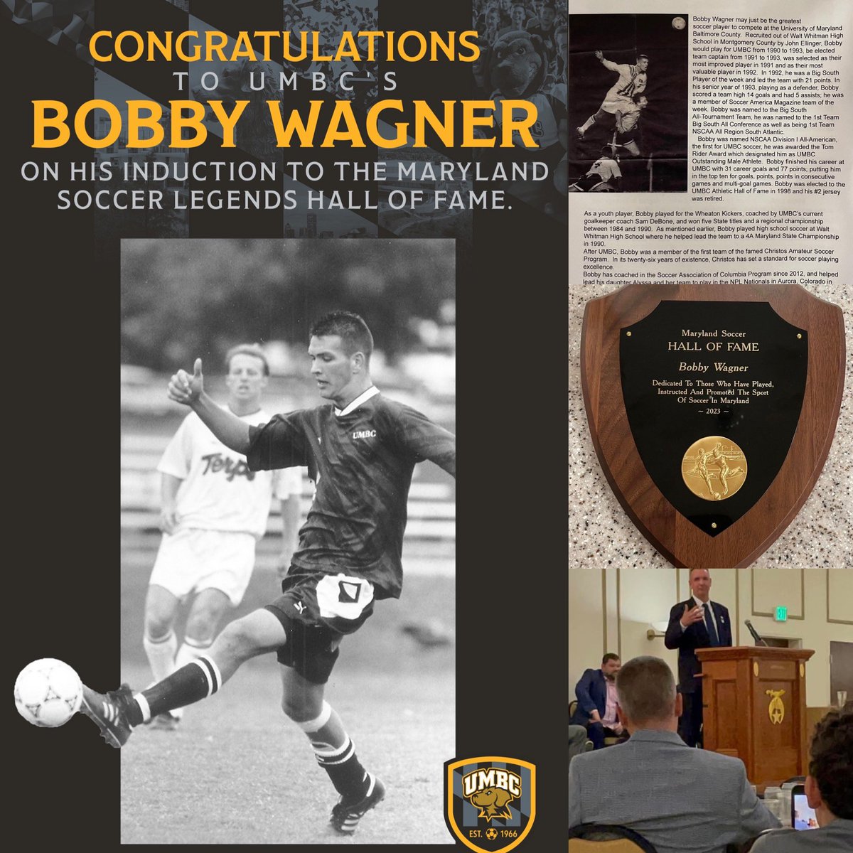 Congrats to alum and D1 All American Bobby Wagner (90-93) on his induction to the Maryland Soccer Legends Hall of Fame! Great to see so many alum come out and support a special night. #RetrieverNation #UMBCProud