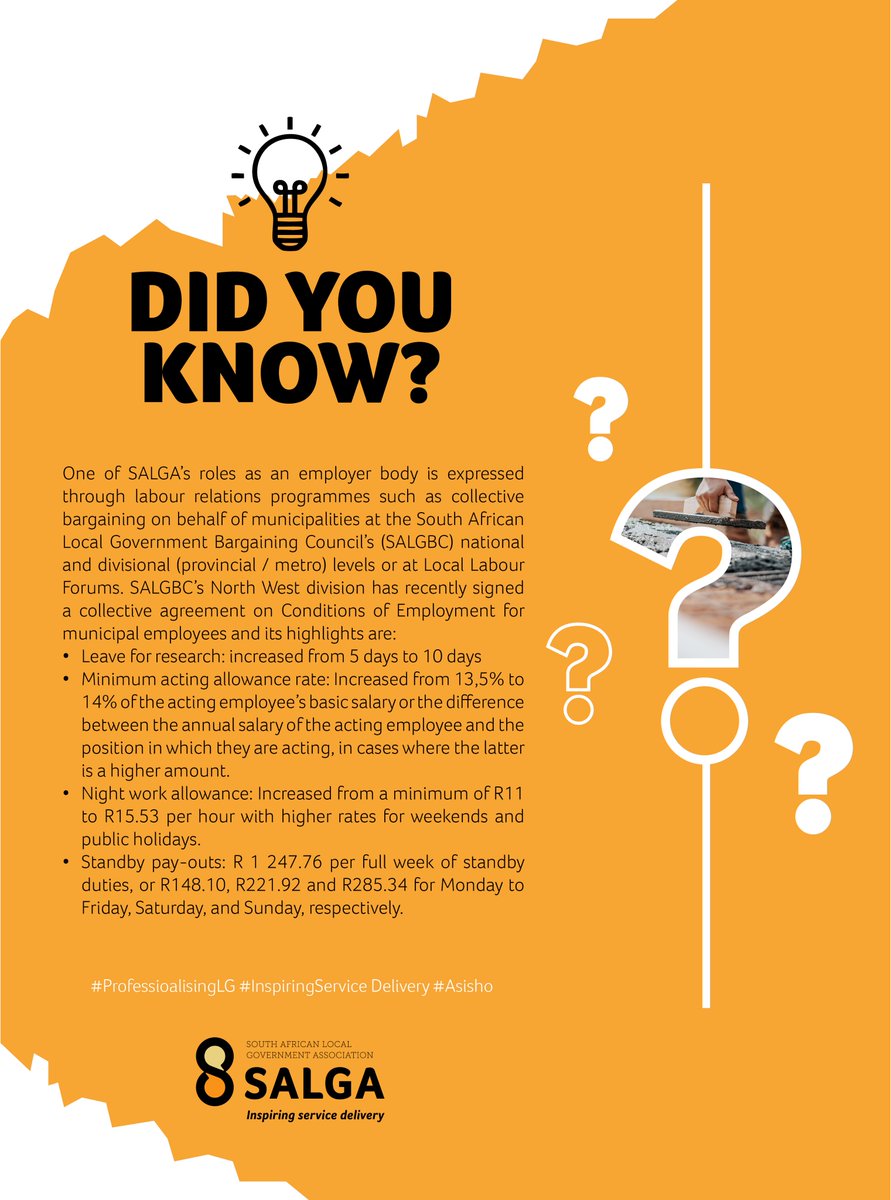 SALGA_Gov's tweet photo. SALGA’s roles as an employer body is expressed through labour relations programmes, e.g. collective bargaining for municipalities at the SALGBC? So far, SALGA can be applauded for the successed it has registerd in that area!
#professionalisinglg
#InspiringServiceDelivery
#asisho https://t.co/0K25FYBGtk