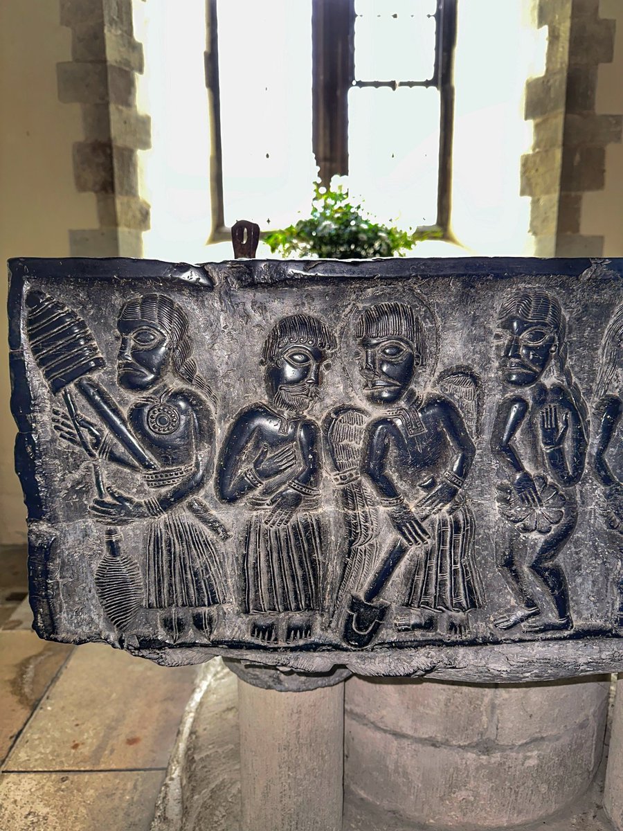 Adam & Eve part 2, from the 12th century Tournai font at East Meon

Angry at their fruity indiscretion, an angel with flaming sword expels our pair of rascals from the gorgeously Romanesque paradise, with nothing else to do they put on clothes, delving & spinning

#fontsonfriday