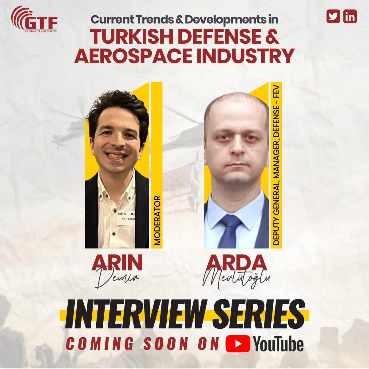 Would you like to know more about current trends & developments in Turkish Defense & Aerospace Industry? Then follow us! Interview series on the way.
#GTF #aerospace #youtube #defense #Turkish #GlobalTradeForum #interviewseries