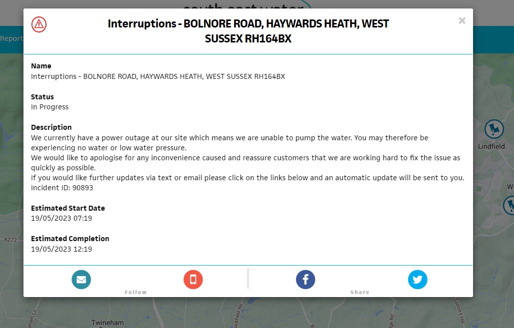 BBCSussex's tweet photo. There's a water outage in #Bolnore village in #HaywardsHeath after a power failure at a pumping station https://t.co/kc72B2aVsB