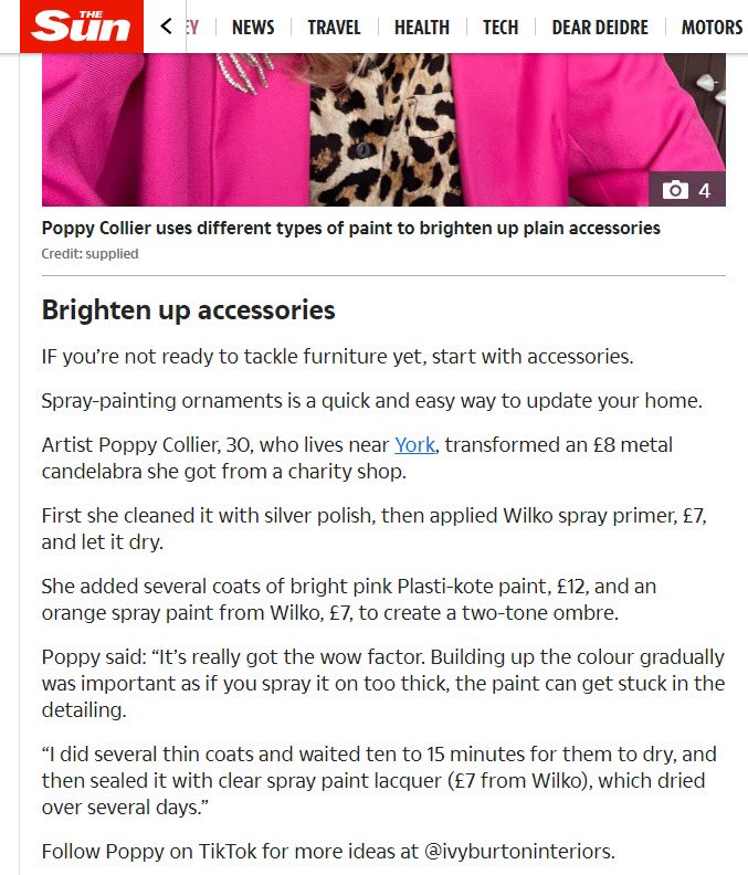 Poppycollier's tweet photo. Me, my quirky neon candelabra and my how to upcycle TikToks were featured in the @thesun 🙌 

It's a fantastic article that highlights the joy of breathing new life into tired-looking furniture and homeware 👉 https://t.co/VWEUAxZy7V https://t.co/3yoZj0kyh4