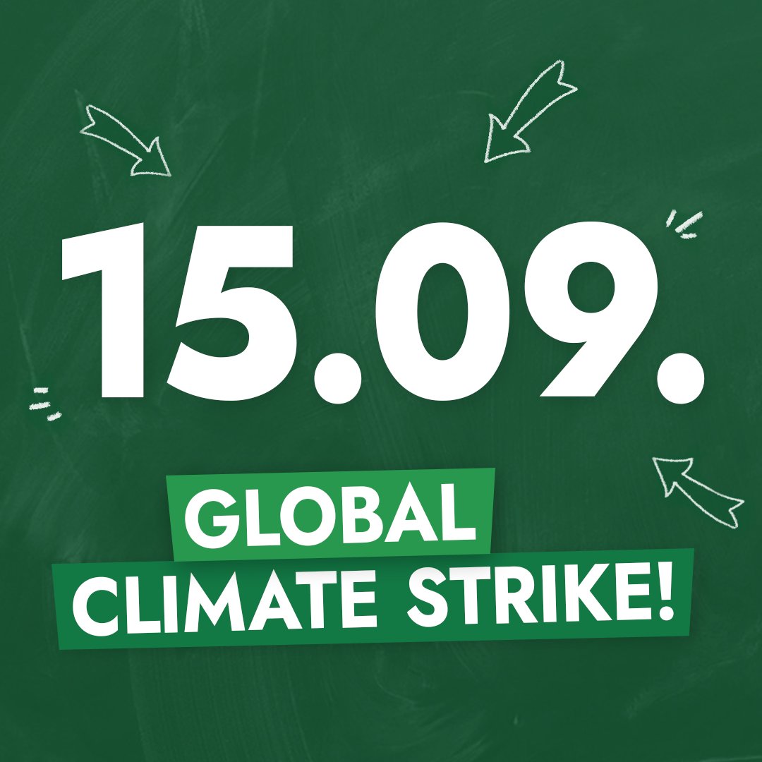 FridayForFuture's tweet photo. 💥 SAVE THE DATE! 💥

Am 15. September gehen wir zum Globalen #Klimastreik überall im Land auf die Straße. Sagt es weiter &amp; tragt euch den Tag jetzt in euren Kalender ein! 📆 https://t.co/Vq07fyGsUO