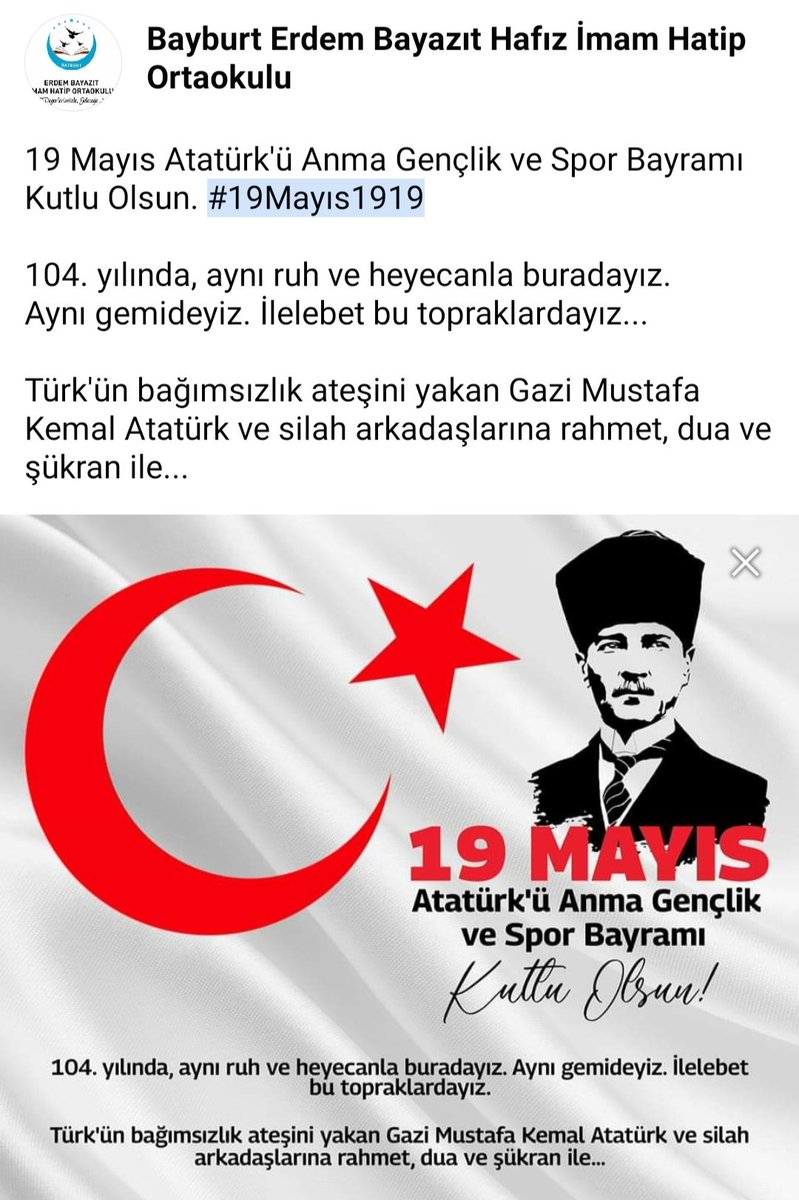 19 Mayıs Atatürk'ü Anma Gençlik ve Spor Bayramı Kutlu Olsun. #19MAYIS1919
104. yılında, aynı ruh ve heyecanla buradayız. Aynı gemideyiz.
 İlelebet bu topraklardayız...