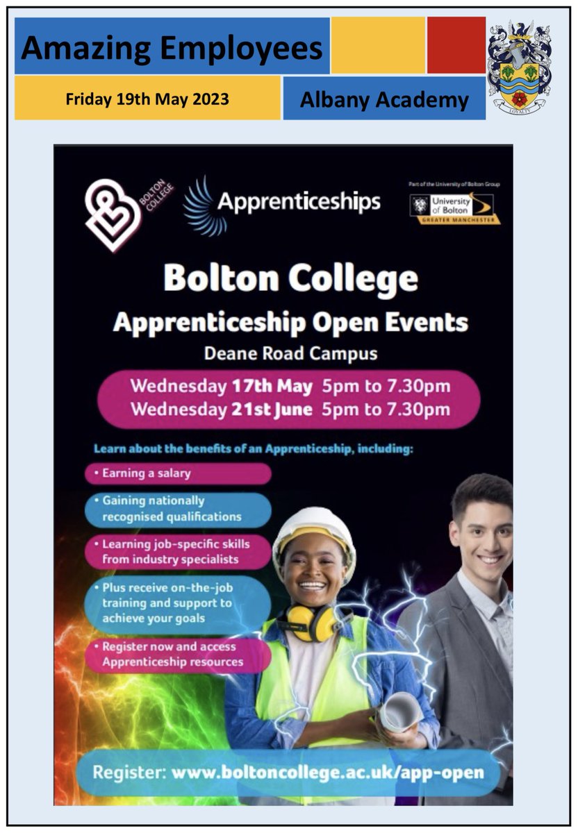 AlbanyAcademy: Dates for the diary.
#gcse2023 #halfterm #studentopenday #bolton #apprenticeship #openevent #amazinglearner #albanyacademy
