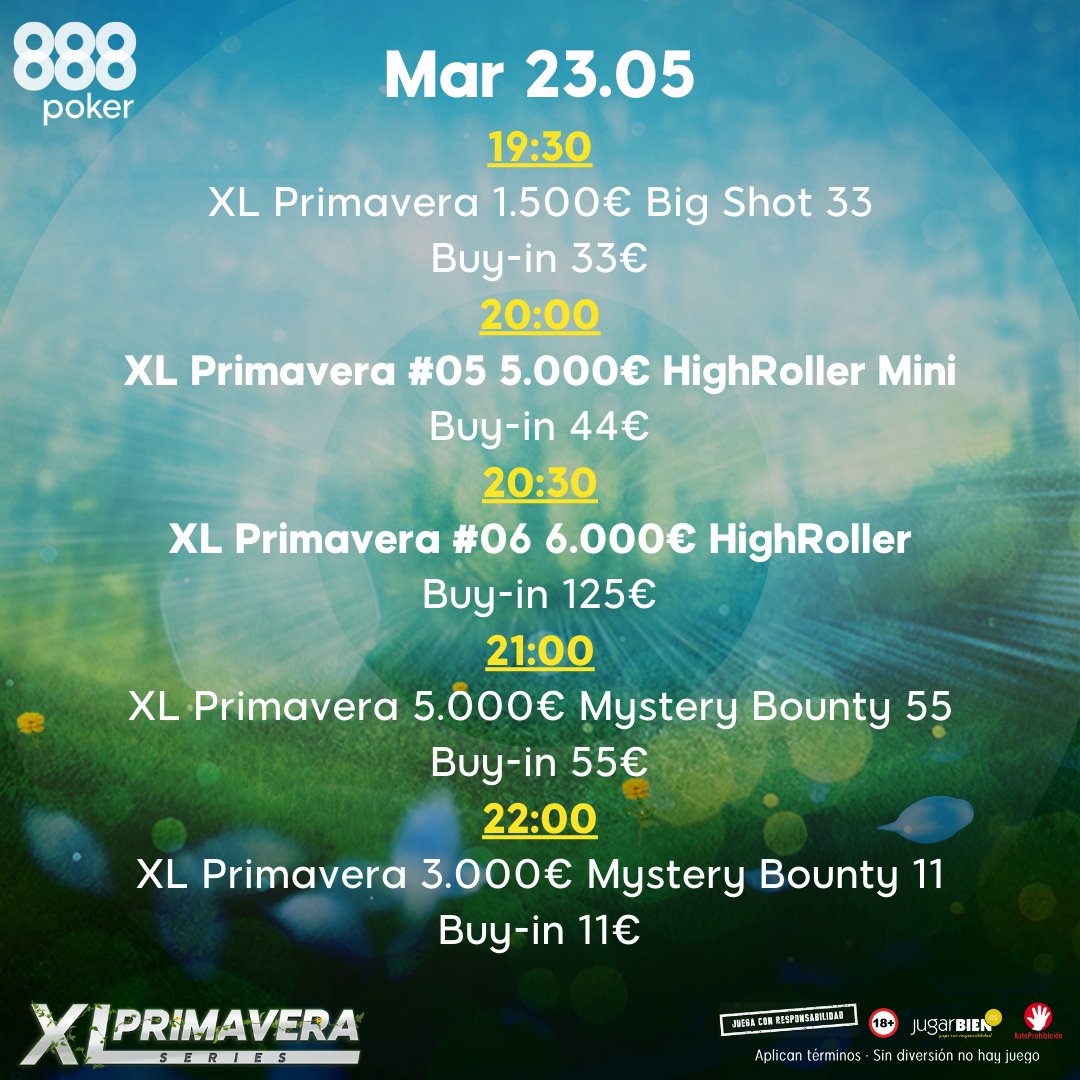 888pokerSpain's tweet photo. Este domingo ¡Arrancan las #XLSeries 🐝🌻 Primavera!

Revisa el calendario 🗓 de los tres primeros días ¡Y no te pierdas ni un torneo! 

#Poker #888poker https://t.co/eDFQaSvLAL