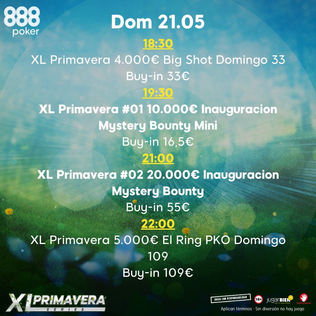 888pokerSpain's tweet photo. Este domingo ¡Arrancan las #XLSeries 🐝🌻 Primavera!

Revisa el calendario 🗓 de los tres primeros días ¡Y no te pierdas ni un torneo! 

#Poker #888poker https://t.co/eDFQaSvLAL