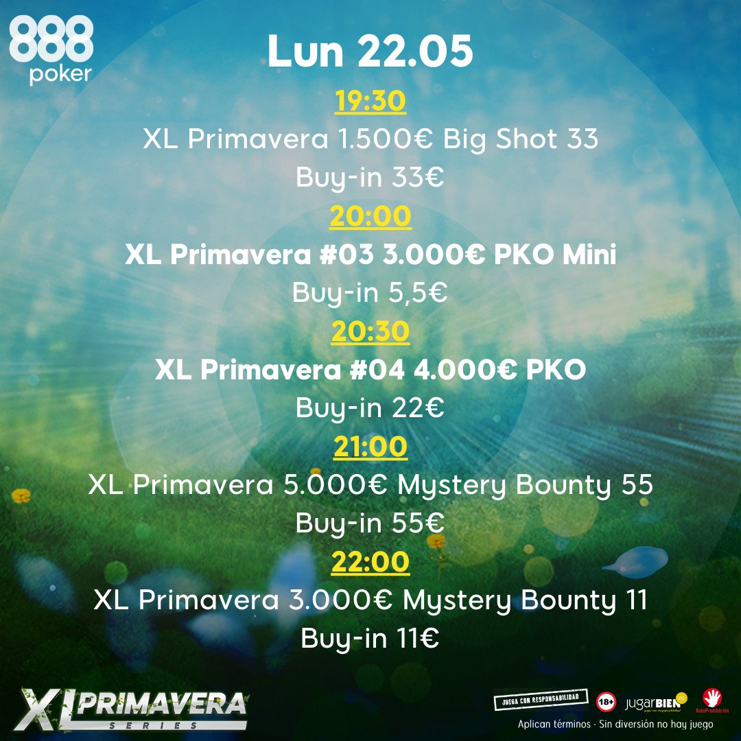 888pokerSpain's tweet photo. Este domingo ¡Arrancan las #XLSeries 🐝🌻 Primavera!

Revisa el calendario 🗓 de los tres primeros días ¡Y no te pierdas ni un torneo! 

#Poker #888poker https://t.co/eDFQaSvLAL
