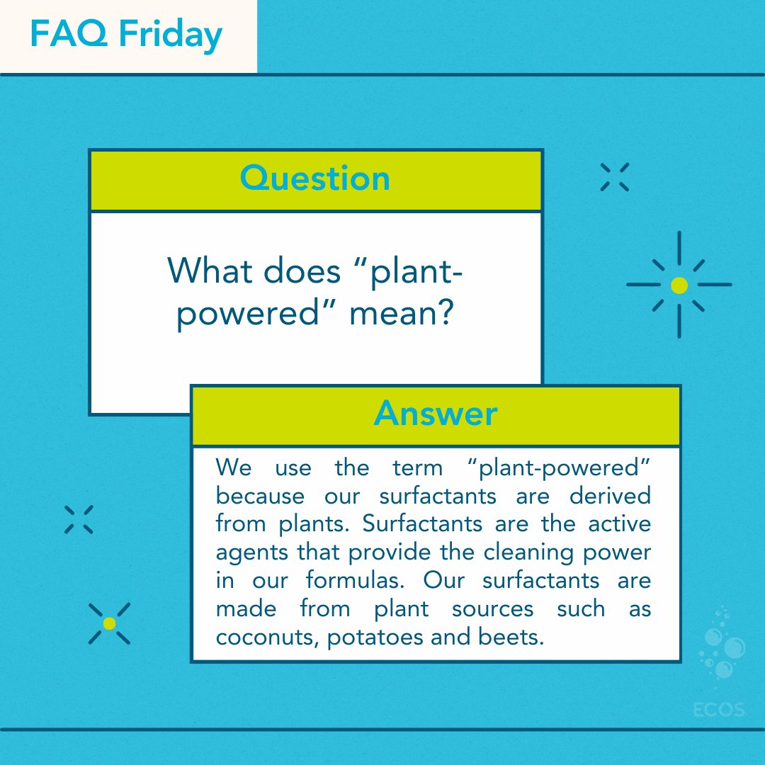 What does #plantpowered mean? 🌱 Our formulas use the power of beets, 🥔 &amp; 🥥– all renewable resources with #naturalcleaning properties. More here: ecos.com/safer-cleaning 

🙋What other questions do you have? Tweet us &amp; we'll answer them on our next #FAQFridays! #ecoscleans
