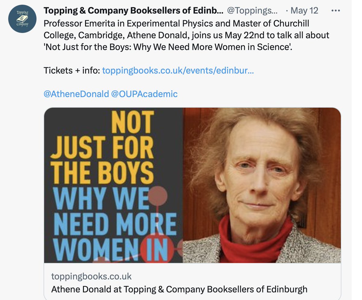 Passionate and effective Women in Science campaigner Athene Donald in Edinburgh on 22nd May!
toppingbooks.co.uk/events/edinbur…
@FindingADA <a href="/emcandre/">Ewan McAndrew</a> <a href="/AtheneDonald/">Athene Donald</a> <a href="/beckyfh/">Rebekah Higgitt</a>
<a href="/OUPAcademic/">Oxford Academic</a> @ninabake2 <a href="/CarronShankland/">Prof Carron Shankland</a>
