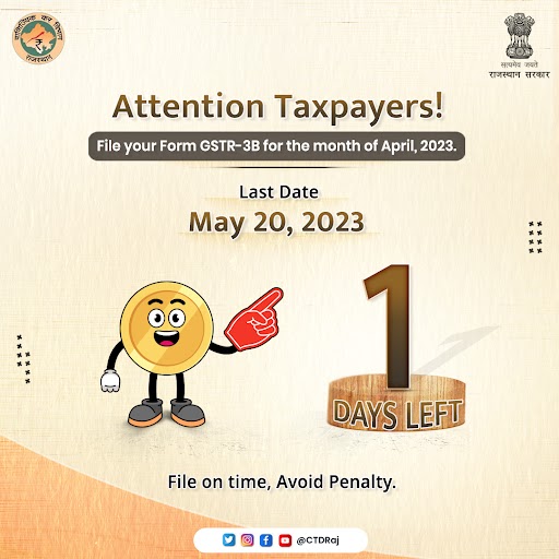 The Commercial Tax Department Rajasthan urges all taxpayers to file their GSTR-3B returns before the due date of 20th May, 2023 & avoid a late penalty. 

#gstr3b #ctdraj #rajtax #taxhelp #taxsupport #taxhelpdesk