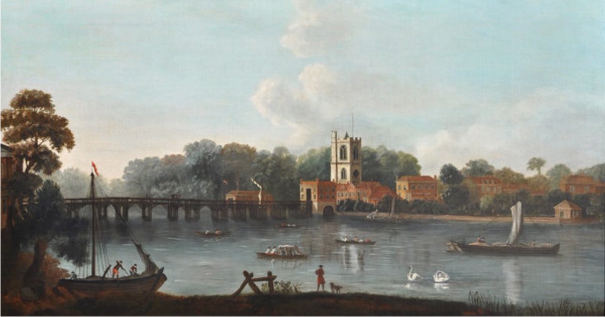 A View of Fulham from Putney with Old Fulham Bridge, All Saints’ Church and the Bridge Toll House. c.1750. Joseph Nichols. 
The church features in #TheOmen when #PatrickTroughton (my favourite @bbcdoctorwho ) gets impaled by a lightning conductor which falls from the tower.