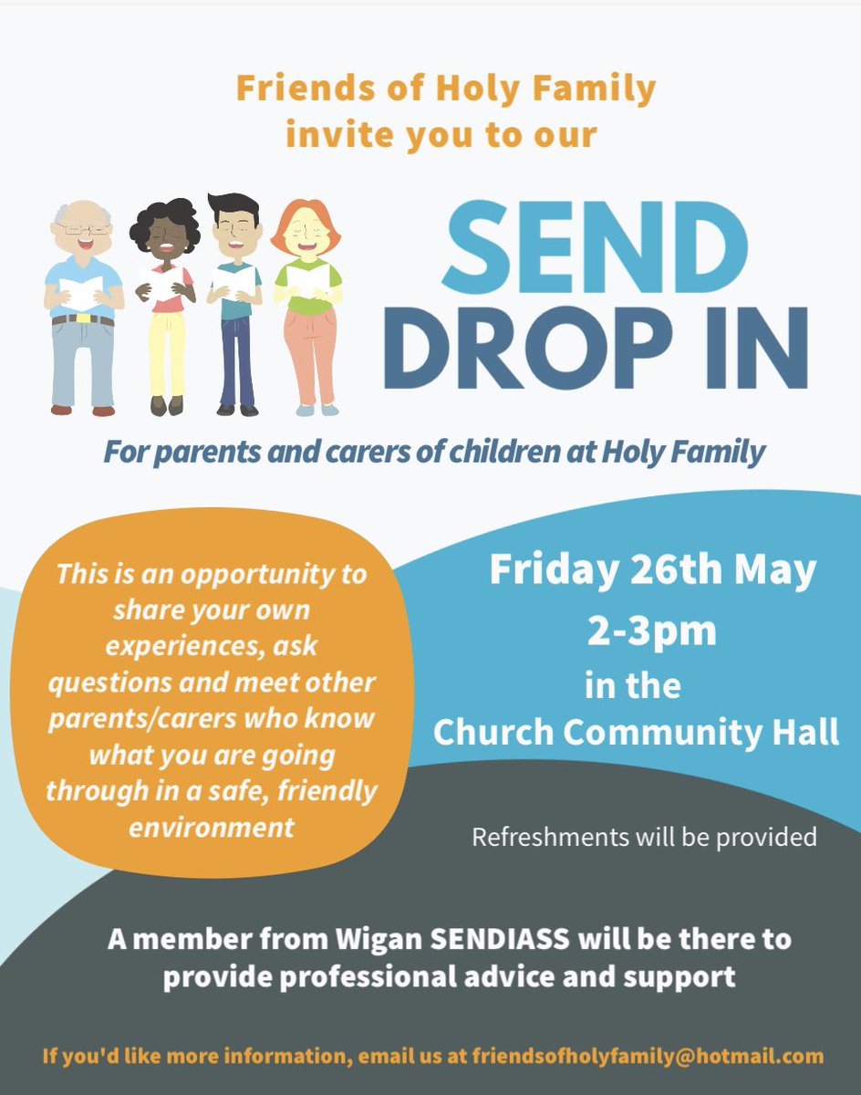 friends_of_hf's tweet photo. 🗓️Friday 26th May from 2-3pm🗓️
Drop in, grab a coffee and meet like-minded parents and carers from our Holy Family community for a chat, support and some helpful tips. Meet in the Holy Family Community Hall. https://t.co/OtJaJpqsxG