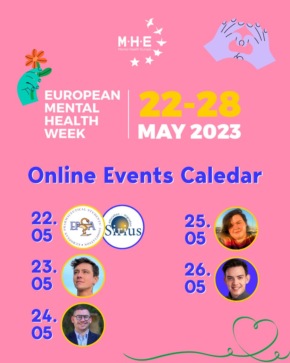 The #EuropeanMentalHealthWeek is about to start! 🥳

Join us for a series of engaging online events, each day focusing on a different community and their #mentalhealth.

🔹 22/05 | Mental health in education
🔹 23/05 | Mental health in the LGBTQ+ community
🔹 24/05 | Mentally