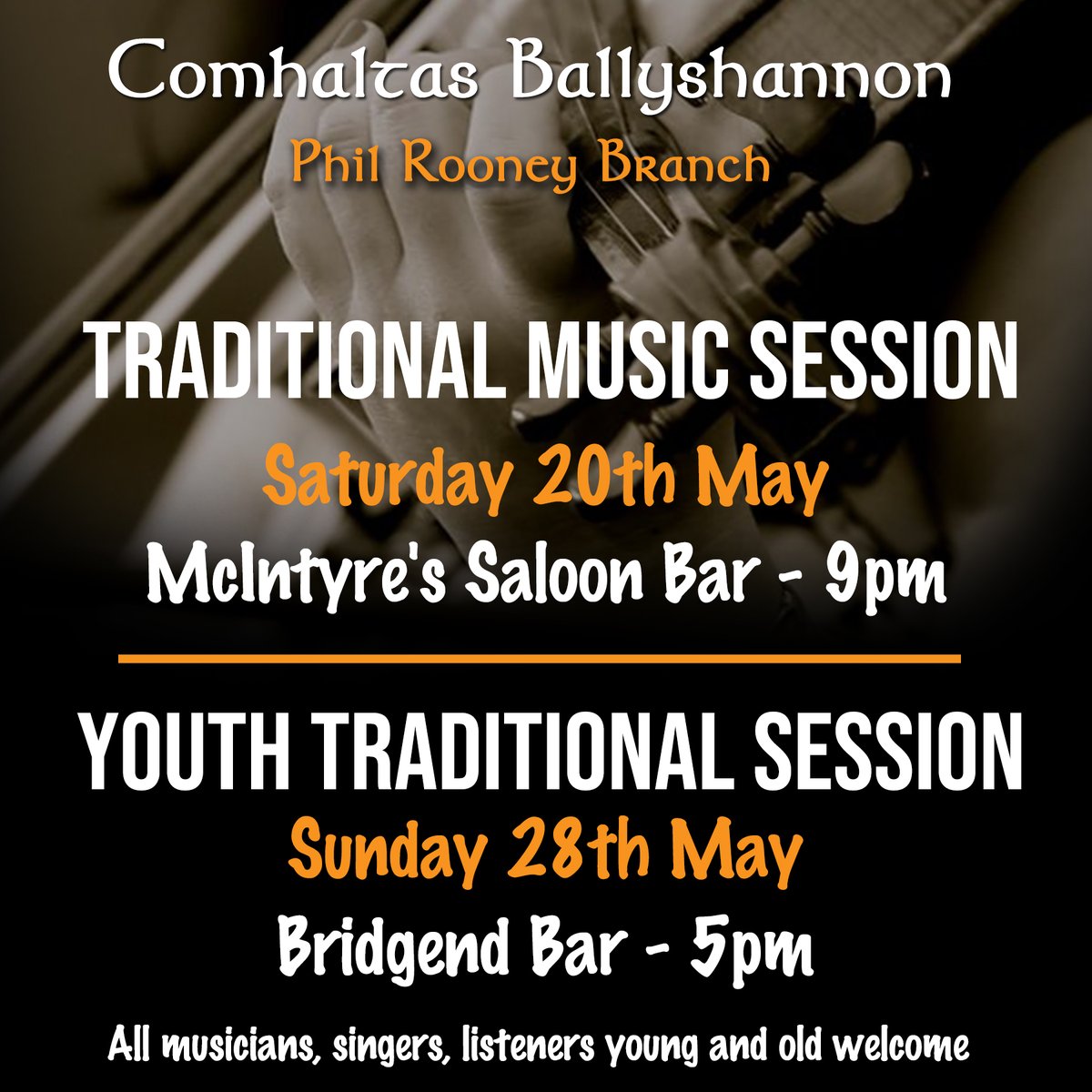 Branch Trad Sessions for May, Tomorrow night (Sat 20th) we will return for the McIntyre Sessions 9pm. All musicians welcome.
Our youth session will take place Sunday 28th, Bridgend Bar 5pm. All levels welcome.
#comhaltas #madfortrad #ballyshannon #tradsession #tradsessions🎶🎻