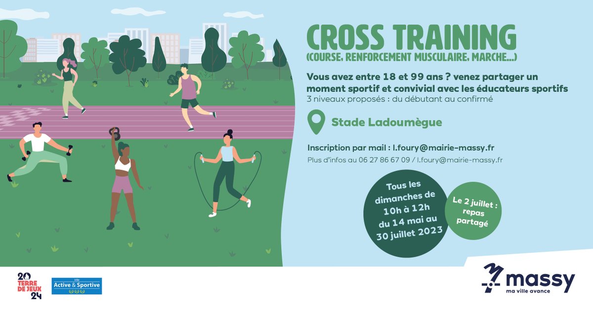 #Sport | Les séances de Cross Training sont de retour ! Amateurs de fitness, passionnés de sport, débutants et confirmés, rendez-vous chaque dimanche jusqu'au 30 juillet.

⏰ Les dimanches de 10h00 à 12h.
💻 Inscription gratuite : l.foury@mairie-massy.fr

📍 Stade Ladoumègue