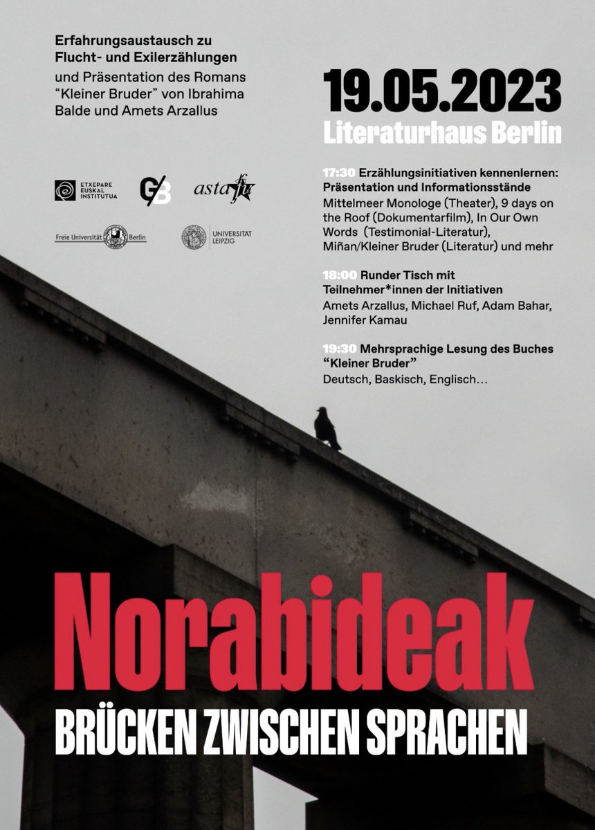 AneIrazabal's tweet photo. Berlindarrok! Amets Arzallusen eta Ibrahima Balderen ‘Miñan’ alemanera itzuli dute (‘Kleiner Bruder’), eta gaur Berlingo Literatur Etxean izango da Arzallus. Ez galdu! @etxepareEU @BerlinEtxea https://t.co/kF5AVTHxsh