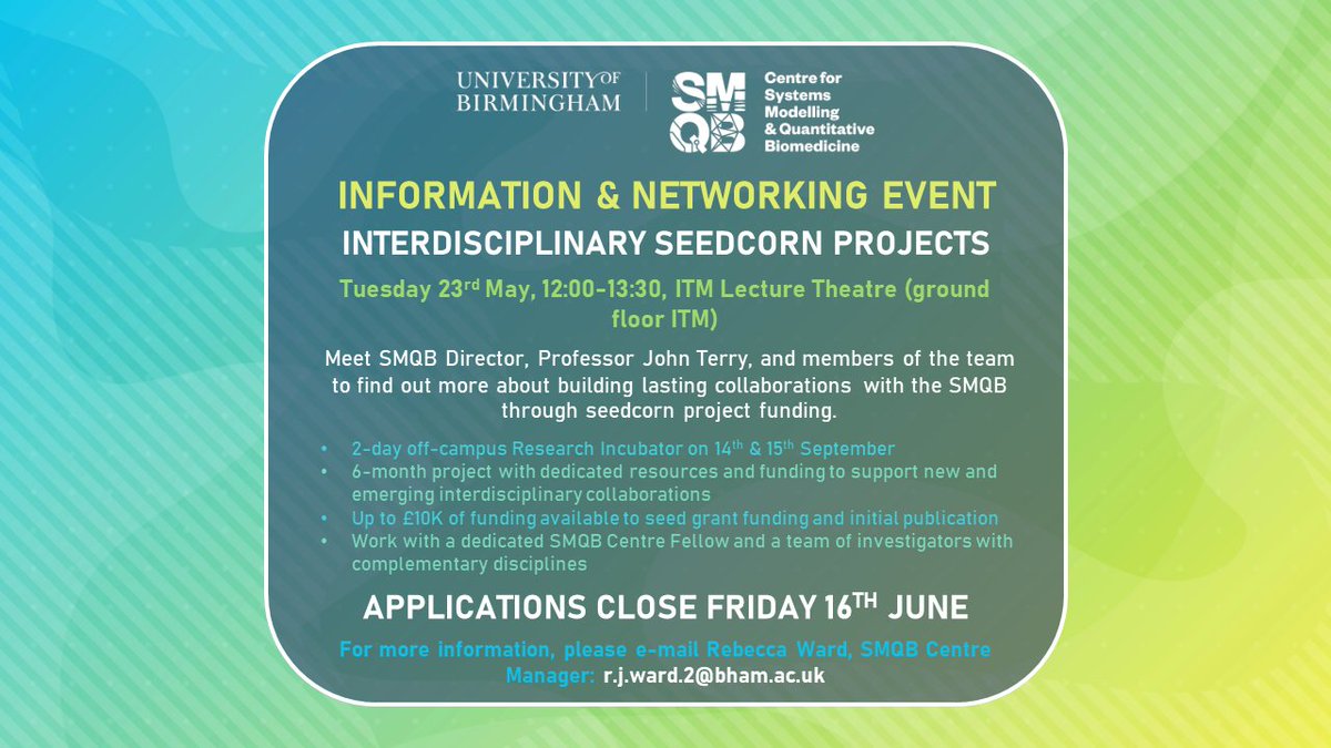 UoB and BHP researchers! A reminder of our next drop in event with <a href="/HTIbham/">Healthcare Technologies Institute (HTI)</a> &amp; <a href="/ITMBirmingham/">ITM Birmingham</a> to find out more about seedcorn funding to support new interdisciplinary research addressing a healthcare challenge using #maths #computerscience. Tues 23 May 12-130pm ITM Lecture Theatre