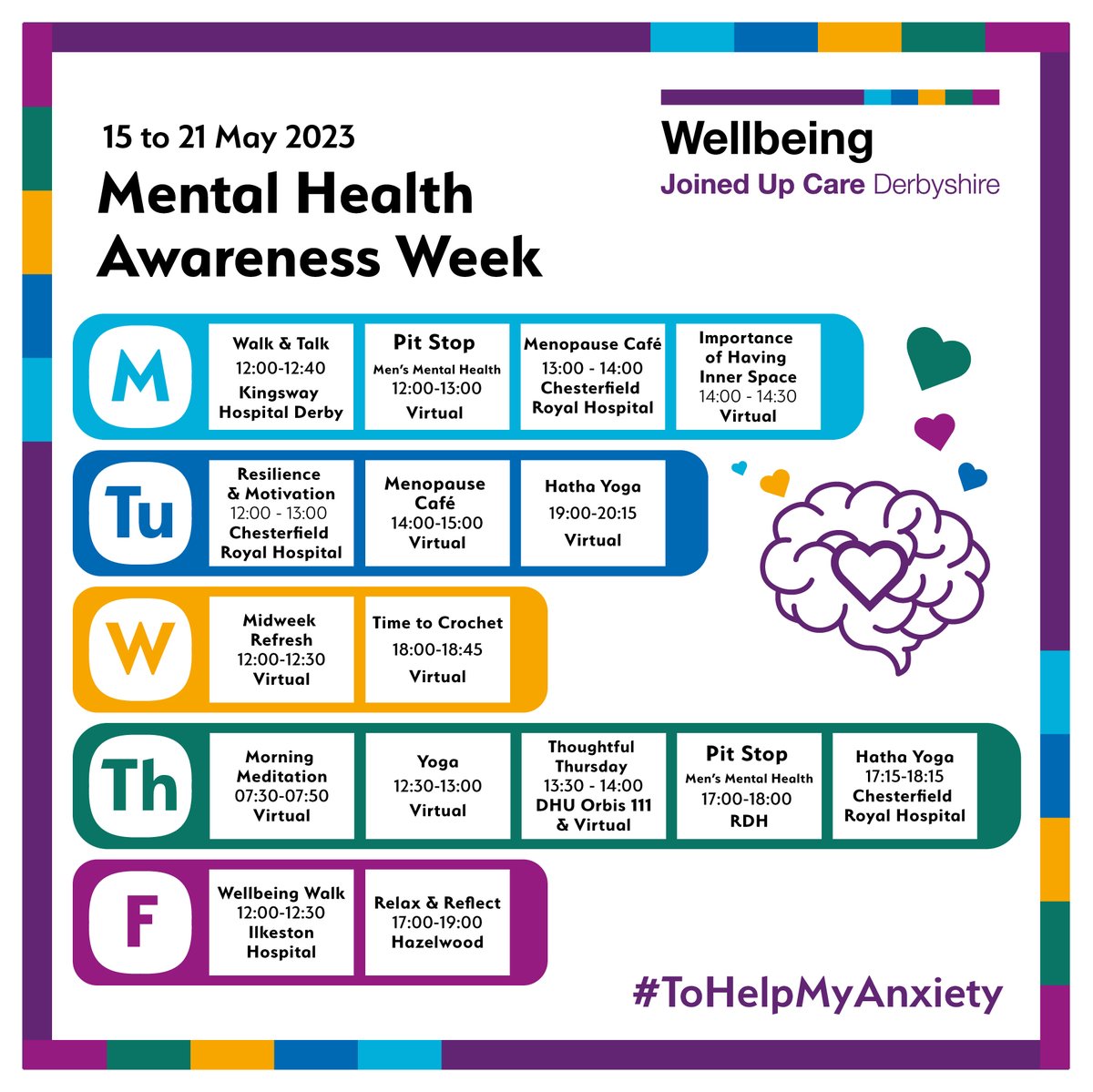 We've had a range of activities running during #MentalHealthAwarenessWeek to support colleagues' wellbeing

On the timetable today #ToHelpMyAnxiety we have: a Wellbeing Walk & a special 2hr Relax & Reflect session to help colleagues unwind & de-stress🧘

➡️Bookwhen.com/jucdwellbeing