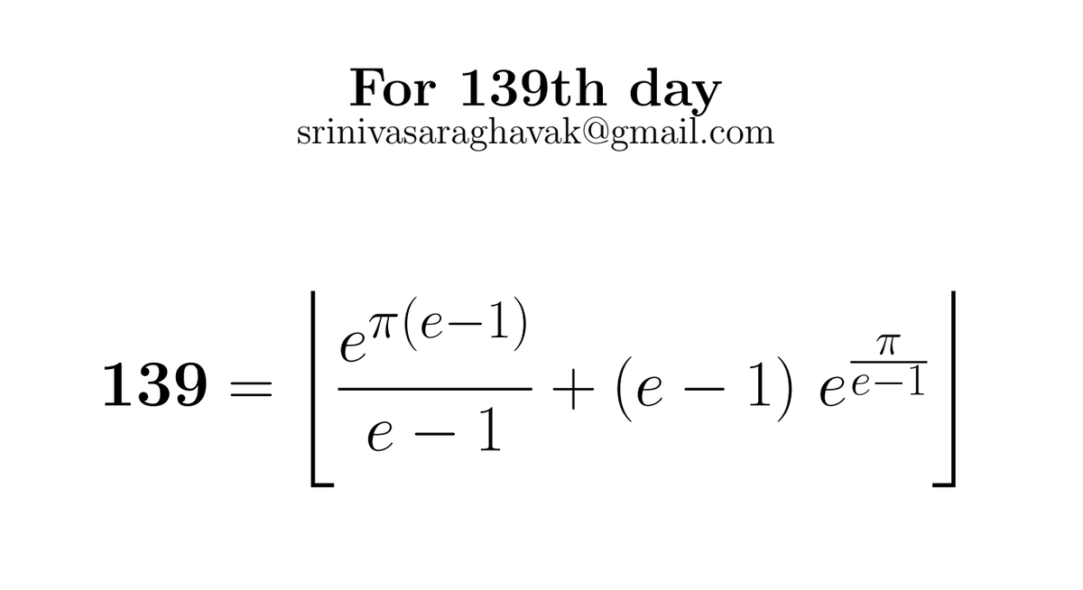 SrinivasR1729's tweet image. We have this interesting formula to depict the number 139, which corresponds to the 139th day of the year.
#mathematics #Mathtwitter #Today