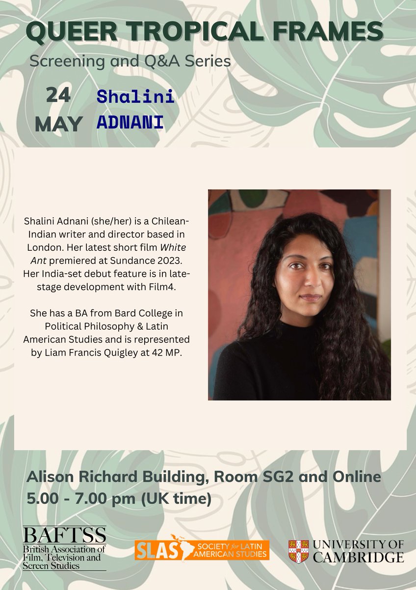 Javi Pérez-Osorio (@javiperezosorio) on Twitter photo Next Wednesday we continue with our second guest, Shalini Adnani, a Chilean-Indian writer and director based in London. Her latest short film White Ant premiered at <a href="/sundancefest/">Sundance Film Festival</a> 2023.
24 May, 5pm (UK time)
In-person: Alison Richard Building, SG2
Online: zoom.us/meeting/regist… Next Wednesday we continue with our second guest, Shalini Adnani, a Chilean-Indian writer and director based in London. Her latest short film White Ant premiered at <a href="/sundancefest/">Sundance Film Festival</a> 2023.
24 May, 5pm (UK time)
In-person: Alison Richard Building, SG2
Online: zoom.us/meeting/regist…