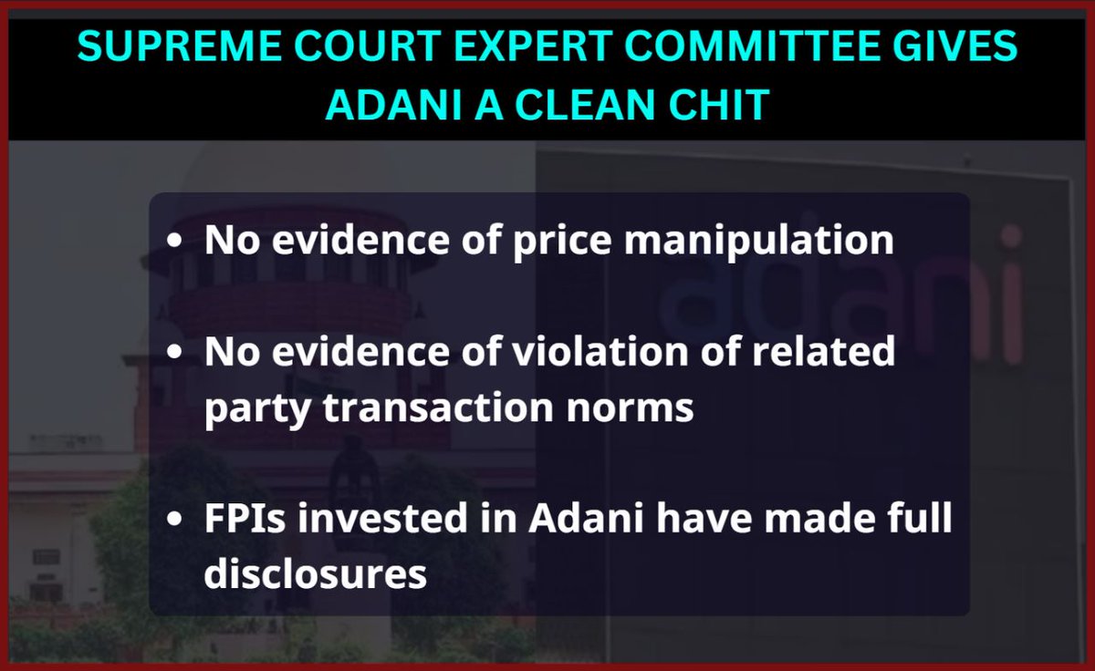 #SupremeCourt's Expert Committee's verdict in the #AdaniHindenburg case is out. Adani Group is exonerated of all allegations, including violation of related party transaction norms. This verdict reassures the integrity of our corporate institutions. #JusticeServed