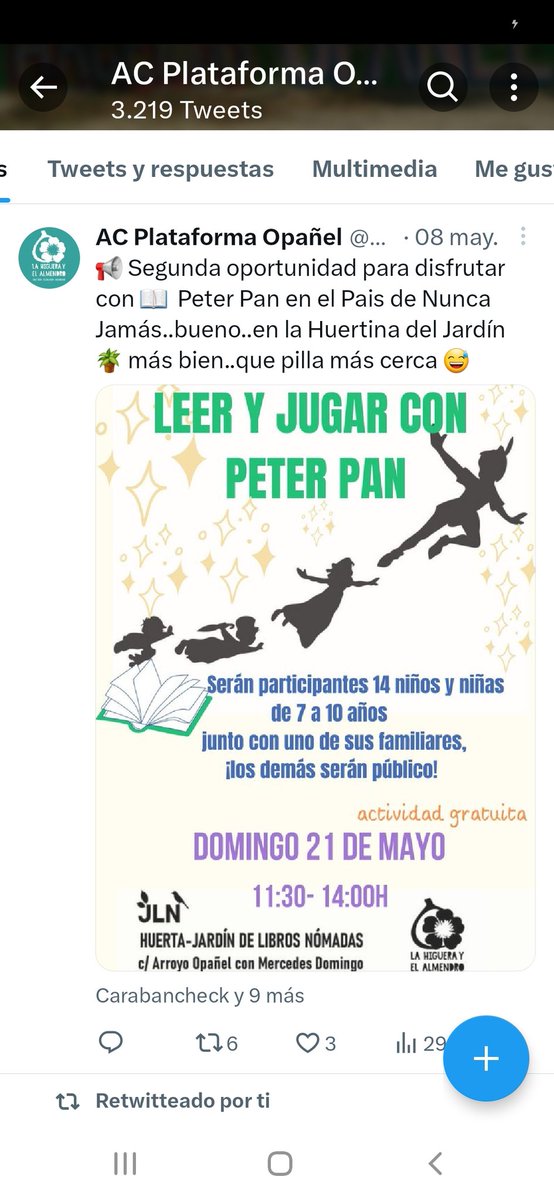 ACHigueraOpanel's tweet photo. Os recordamos que este Domingo regresa Peter Pan al Jardín...nos lo pasaremos genial con los peques del barrio..os esperamos😊 https://t.co/pmd9ZCHpDp