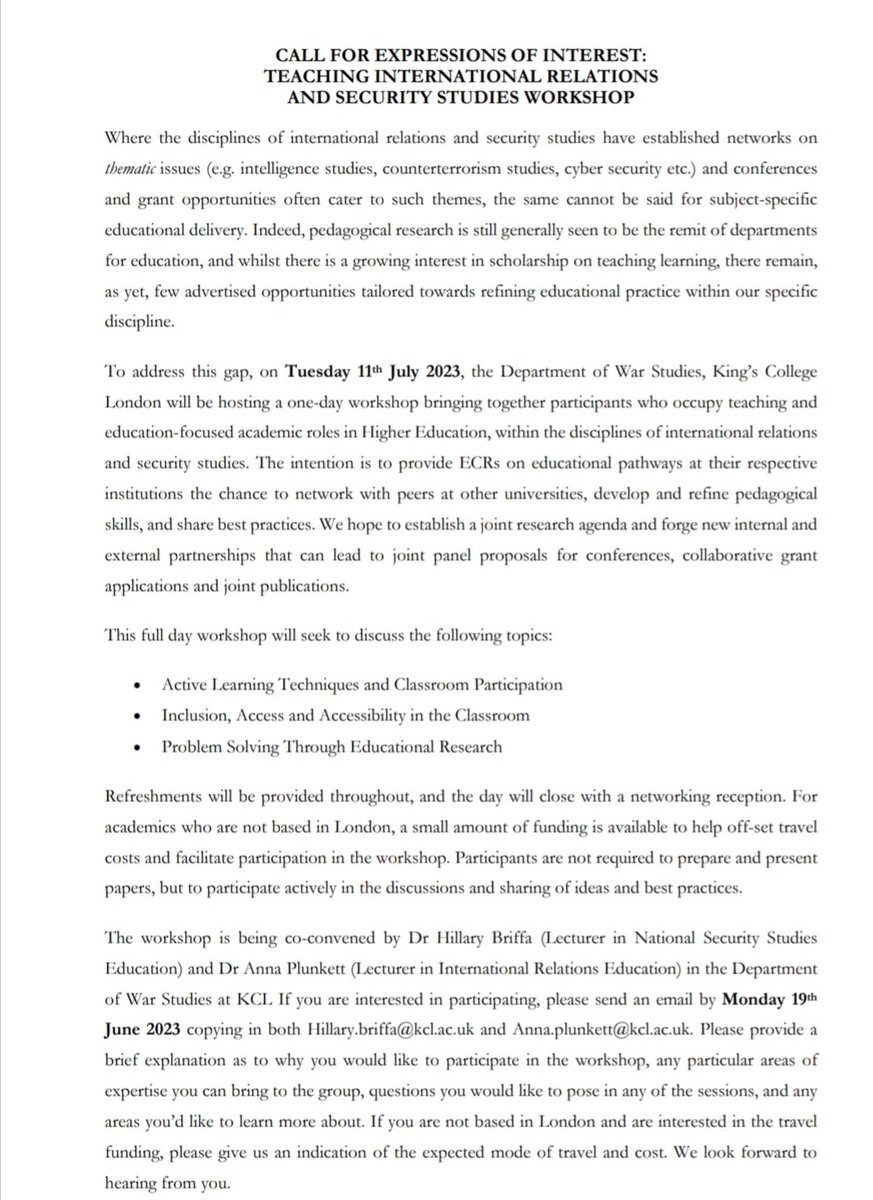 AnnaBPlunkett's tweet image. Thrilled to be co-hosting this workshop with the brilliant @h1llz on Tuesday 11th July @warstudies
@KingsCollegeLon on the &apos;teaching track&apos; in #internationalrelations, to build a network &amp;amp; share best practice. Please share &amp;amp; join us! 😊
#cfp #ecr
