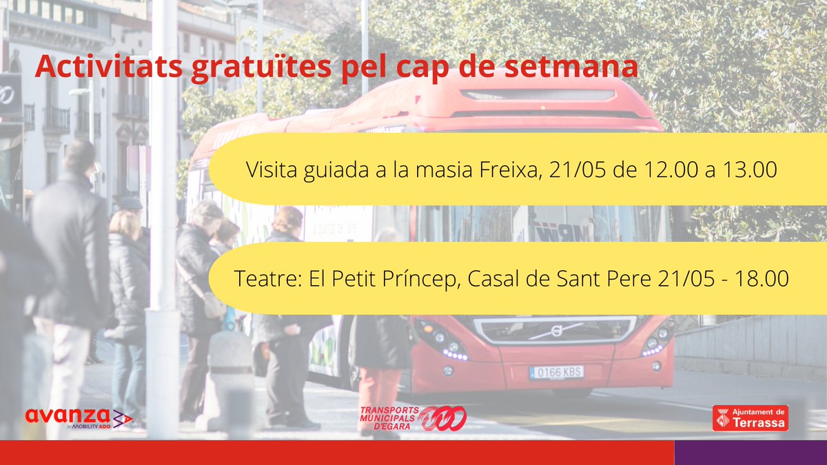 Gràcies per la vostra menció <a href="/tmesa_bus/">Transport Urbà de Terrassa</a>: És #divendres
Activitats gratuïtes per aquest diumenge:
👉🏽Visita guiada a la #masiafreixa de 12.00h a 13.00h / pots agafar la L1, 2, 3, 4, 5, 6, 8 i 9 i baixar al Mercat
👉🏽Obra de 🎭: El petit Príncep al <a href="/casal/">Javier Casal</a>…