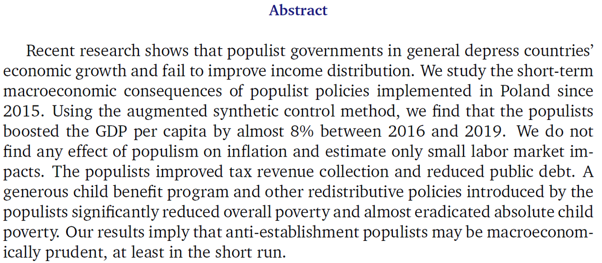 Can #populism be economically prudent? It may be so, at least in the case of #Poland. Successful econ. policies were however accompanied by "the largest decline in quality of liberal democracy worldwide". A fascinating paper by <a href="/BrzezinskiMich/">Michal Brzezinski</a> papers.ssrn.com/sol3/papers.cf… #poverty