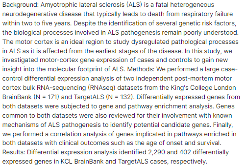 Transcriptomics Analyses of ALS Post-mortem Motor Cortex highlight alteration and potential biomarkers in the Neuropeptide Signalling pathway. 

Keywords: #ALS #Transcriptomics #postmortem #motorcortex #NeuropeptideSignalling

researchgate.net/publication/37…