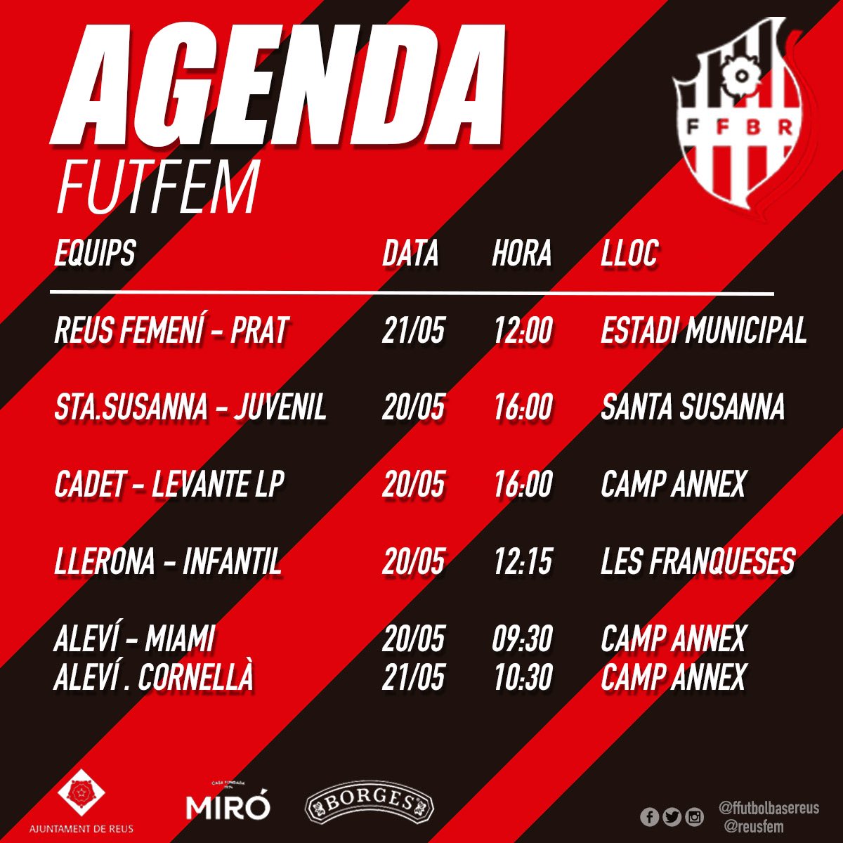 ffutbolbasereus's tweet photo. Horaris dels partits d’aquest cap de setmana | 20 i 21 de maig.

#ffutbolbasereus #cfreusfem #reus #forçareus #reusfemení https://t.co/6bommMmY07