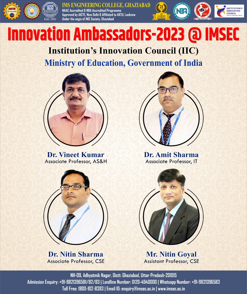 Innovation Ambassadors @ IMSEC
Institution's Innovation Council, Ministry of Education, Government of India.

#imsec143 #engineering #college #aktu #btech #campus #admissionopen #AICTE #mca #mba #mbaadmission #placement #aktu_india #workshop #cbse #results