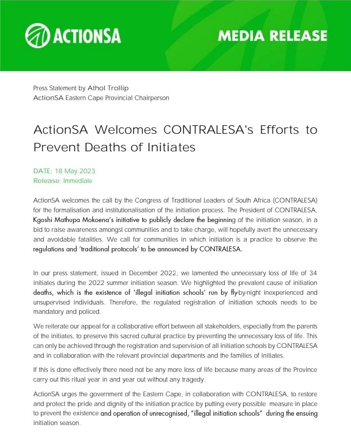 <a href="/Action4SA/">ActionSA</a> welcomes CONTRALESA's efforts to prevent the deaths of initiates during the ensuing winter initiation season. #LetsFixEasternCape #LetsFixSouthAfrica #ActionSAProject2024 <a href="/HermanMashaba/">Herman Mashaba</a> <a href="/AtholT/">Athol Trollip</a>