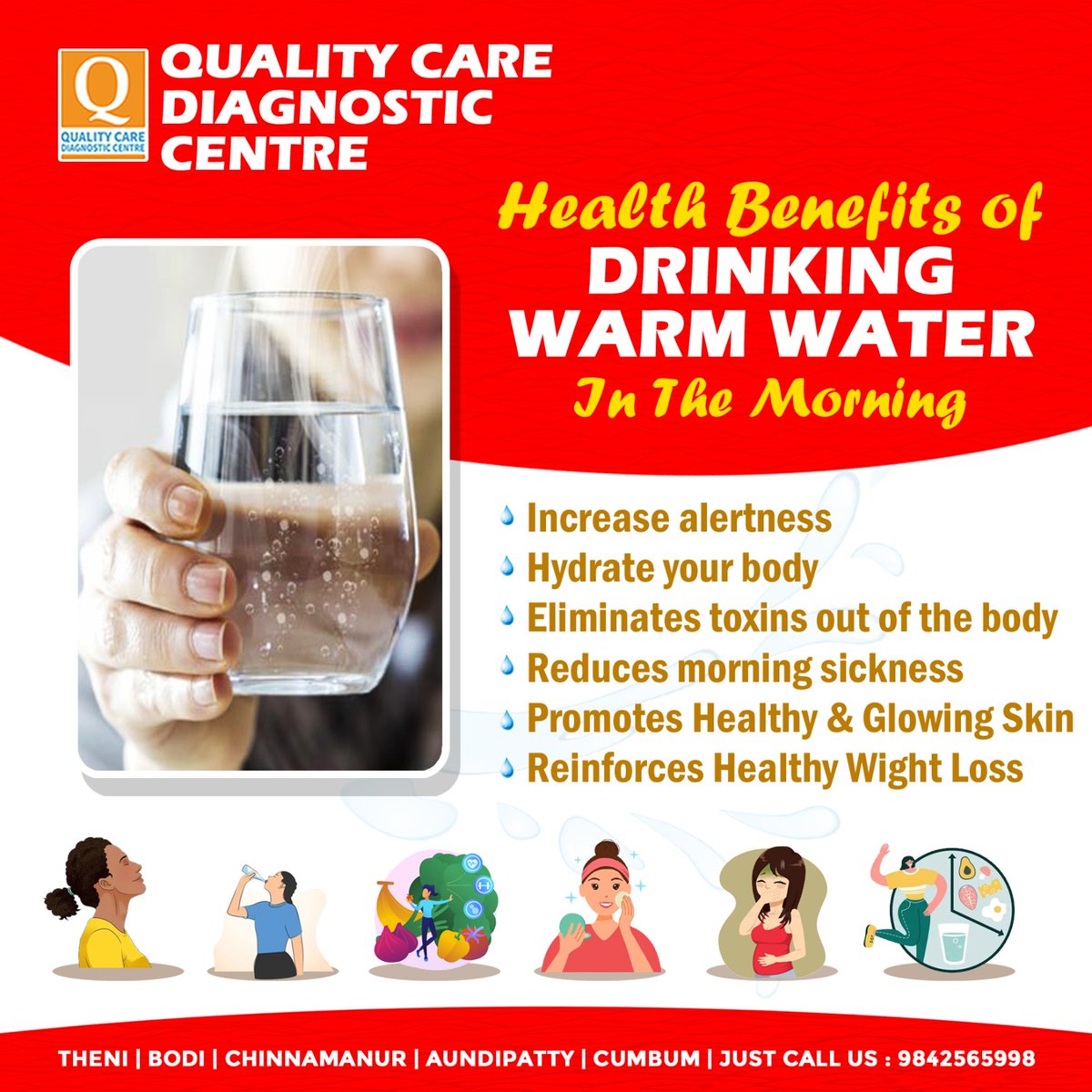 CareTheni's tweet image. HEALTH BENEFITS OF DRINKING WARM WATER IN THE MORNING👇

#qualitycarediagnosticcentretheni #thyroidtest #bloodtest #diabetics #risklevelofdiabetics #diabeticstreatment #LiverFunctionTest #bloodtesting #samplecollection #medicallab #homebloodtest #theni #specializedlab #diagnostic