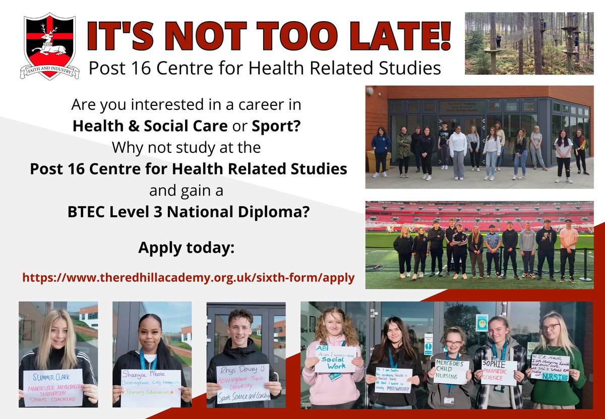 TOA_Notts's tweet photo. Are you interested in a career in Health &amp; Social Care or Sport?
Why not study at the Post 16 Centre for Health Related Studies and gain a BTEC Level 3 National Diploma?
https://t.co/Ac3A633oKq https://t.co/EIGUwGoXPb
