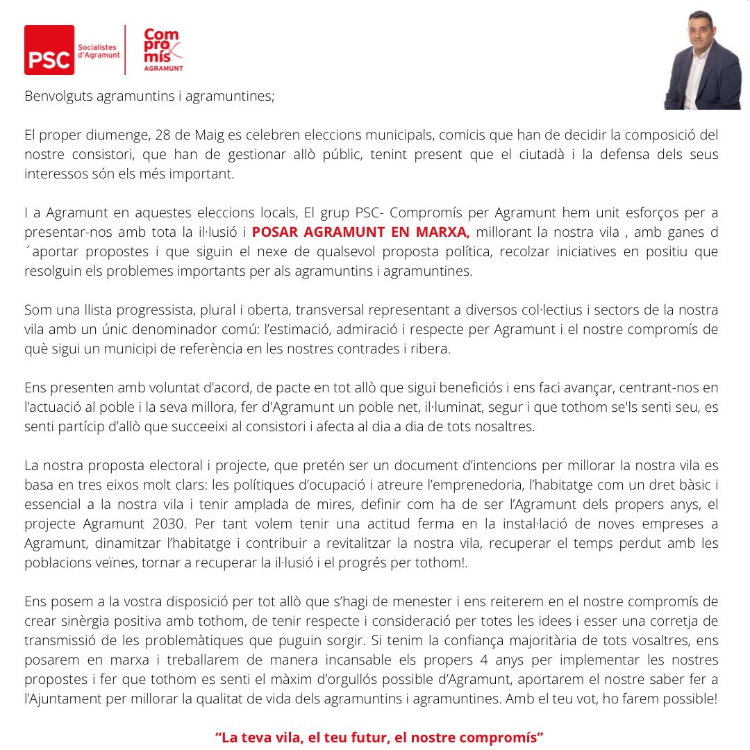 Compromisxagra's tweet photo. 🔝PROGRAMA ELECTORAL 🔝

#agramuntenmarxa #latevavilaelteufuturelnostrecompromís #enmarxa #psc/❤️Agramunt #eleccionsmunicipals2023 #programaelectoral2023 #projectes #propostes https://t.co/myXV6VSImM