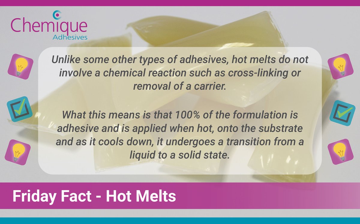 Chemiqueuk's tweet image. Unlike some other adhesives, hot melts do not involve a chemical reaction such as cross-linking.

This means that 100% of the formulation is adhesive, applied hot &amp;amp; as it cools down it undergoes a transition from a liquid to a solid state.

👉bit.ly/45cBYYu

#hotmelts