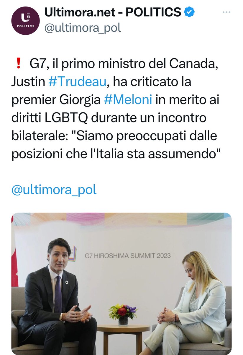 riccardomagi's tweet photo. Da italiano e da europeo sono sinceramente imbarazzato. Siamo nel 2023, al G7, tra i grandi del mondo, e ancora dobbiamo essere richiamati per i diritti negati alla comunità LGBTI+.

Imbarazzato perché rispetto al Canada e a un premier liberale come Justin Trudeau, che nel corso della sua amministrazione ha legalizzato la cannabis, l’Italia è il buco nero d’Europa sui diritti. Imbarazzato per le persone LGBTI+ che vivono in Italia e per l’isolamento internazionale a cui questo governo sta relegando il nostro Paese.