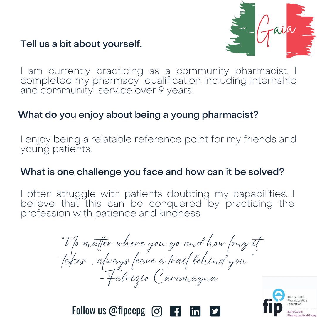FIPECPG's tweet photo. Meet Gaia Gualco, a member of the FIP ECPG Publication Relations subcommittee serving under the publications team.
@gaia.gualco
Want to explore the ECPG's #opportunities & #events for #Members? Check here: https://t.co/oN4RvjqK9Y
#pharmacy #fipecpg #youngpharmacists #oneFIP https://t.co/kETNsd7irS