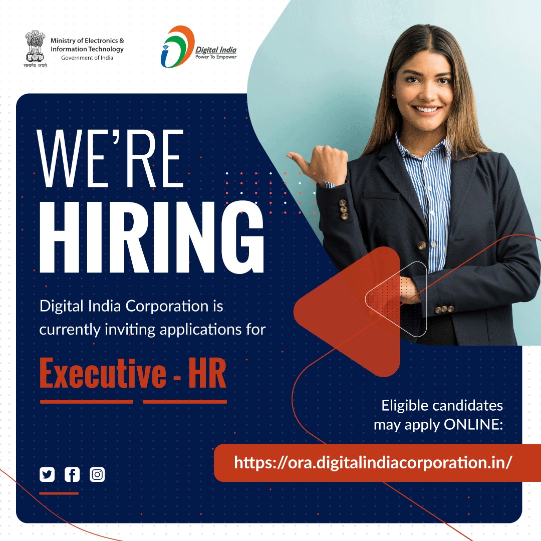 DigitalIndiaCrp's tweet photo. #VacancyCircular | Digital India Corporation is currently inviting applications for the position of Executive - HR on Contract / Consolidated basis.
For further details, click here: https://t.co/8G0DMRffih
Apply Online: https://t.co/pAZ3xo3rlV https://t.co/orX2ZJOAKl