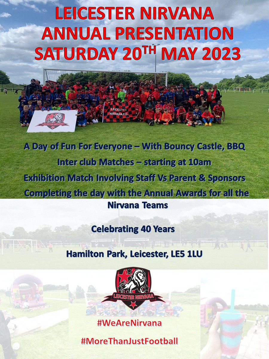 LeicNirvanaFc's tweet photo. Tomorrow we hold our interclub Presentation Day. There will be matches, staff Vs parents, stalls, climate change engagement, art sale, bouncing castle, BBQ and more. 10am to 3pm drop by for a drink and a chat https://t.co/HNMLE73RUa