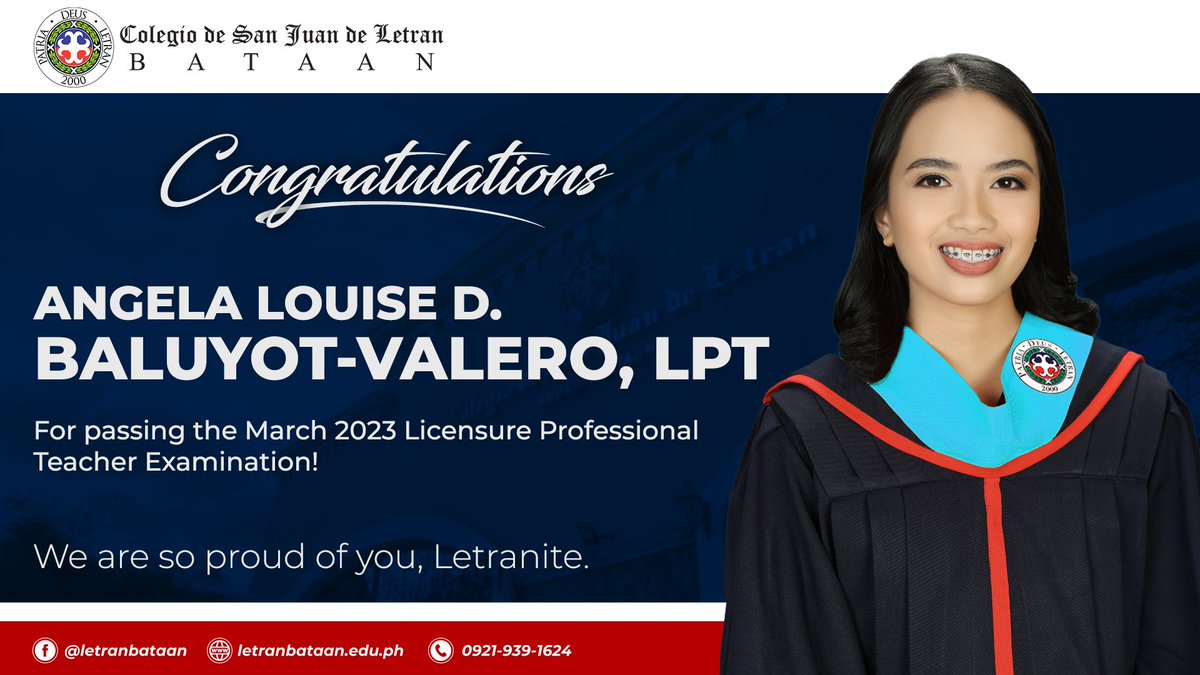 LetranBataan's tweet image. Congratulations!

Angela Louise D. Baluyot-Valero, LPT
John Ian L. Seeckts, LPT
Mary Joy P. Balana, LPT

for passing the March 2023 Licensure Professional Teacher Examination!

We are so proud of you, AlumKnight!
Siempre Arriba! Siempre Letran!