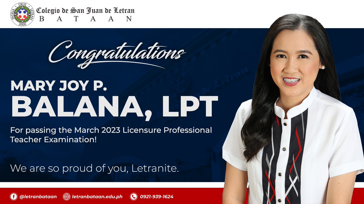 LetranBataan's tweet image. Congratulations!

Angela Louise D. Baluyot-Valero, LPT
John Ian L. Seeckts, LPT
Mary Joy P. Balana, LPT

for passing the March 2023 Licensure Professional Teacher Examination!

We are so proud of you, AlumKnight!
Siempre Arriba! Siempre Letran!